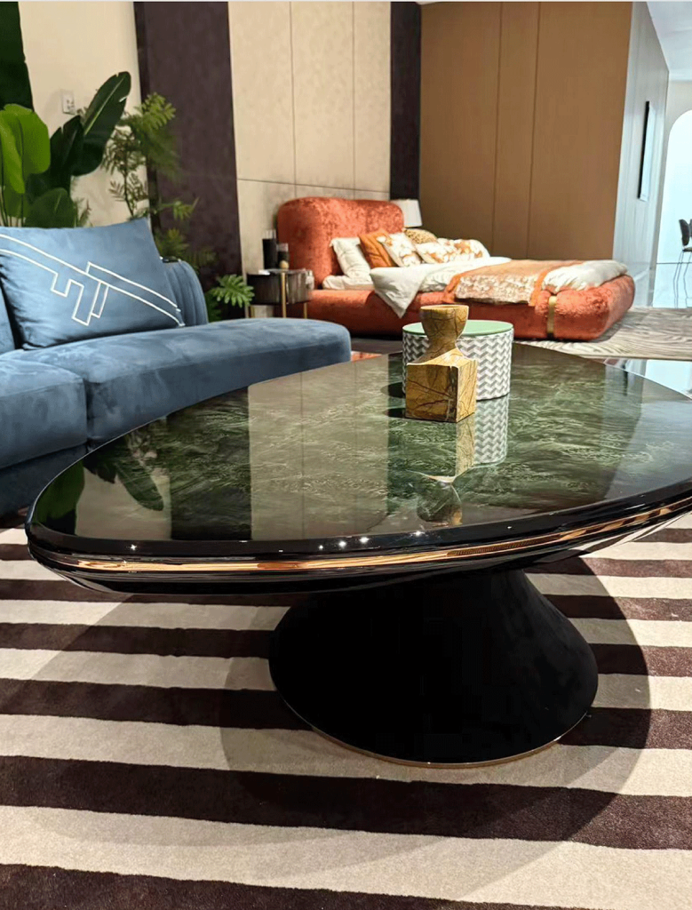 FD10-6 High-Gloss Black Lacquer Coffee Table with Copper Trim