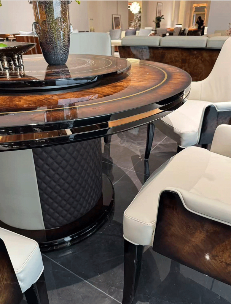 BD-10 Burl & Leather Round Dining Table