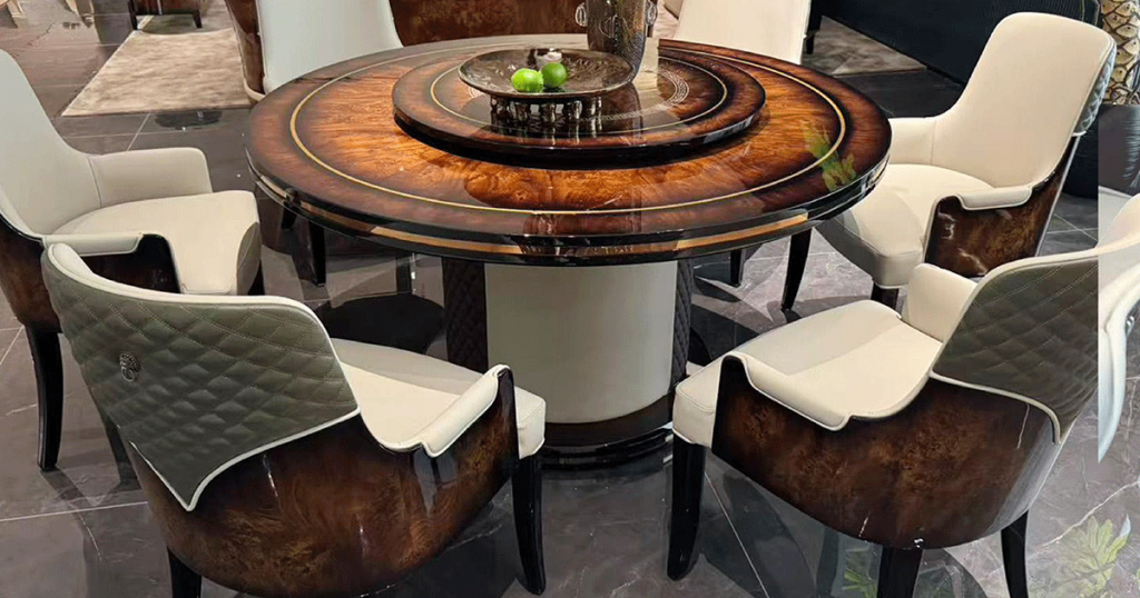 BD-10 Burl & Leather Round Dining Table