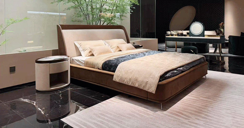 V51 Taupe Winged Leather Platform Bed
