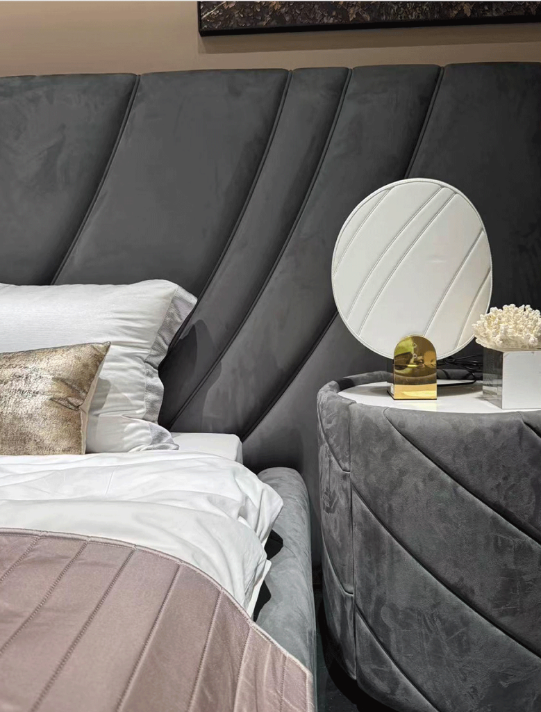 V55 Charcoal Velvet Sculptural Bed