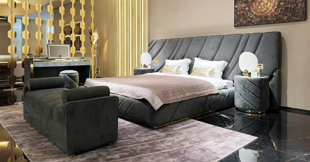 V55 Charcoal Velvet Sculptural Bed