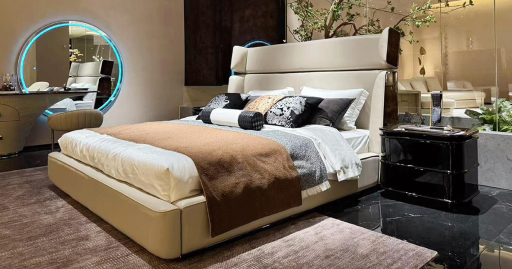 V60 Saddle-Wing Leather Platform Bed