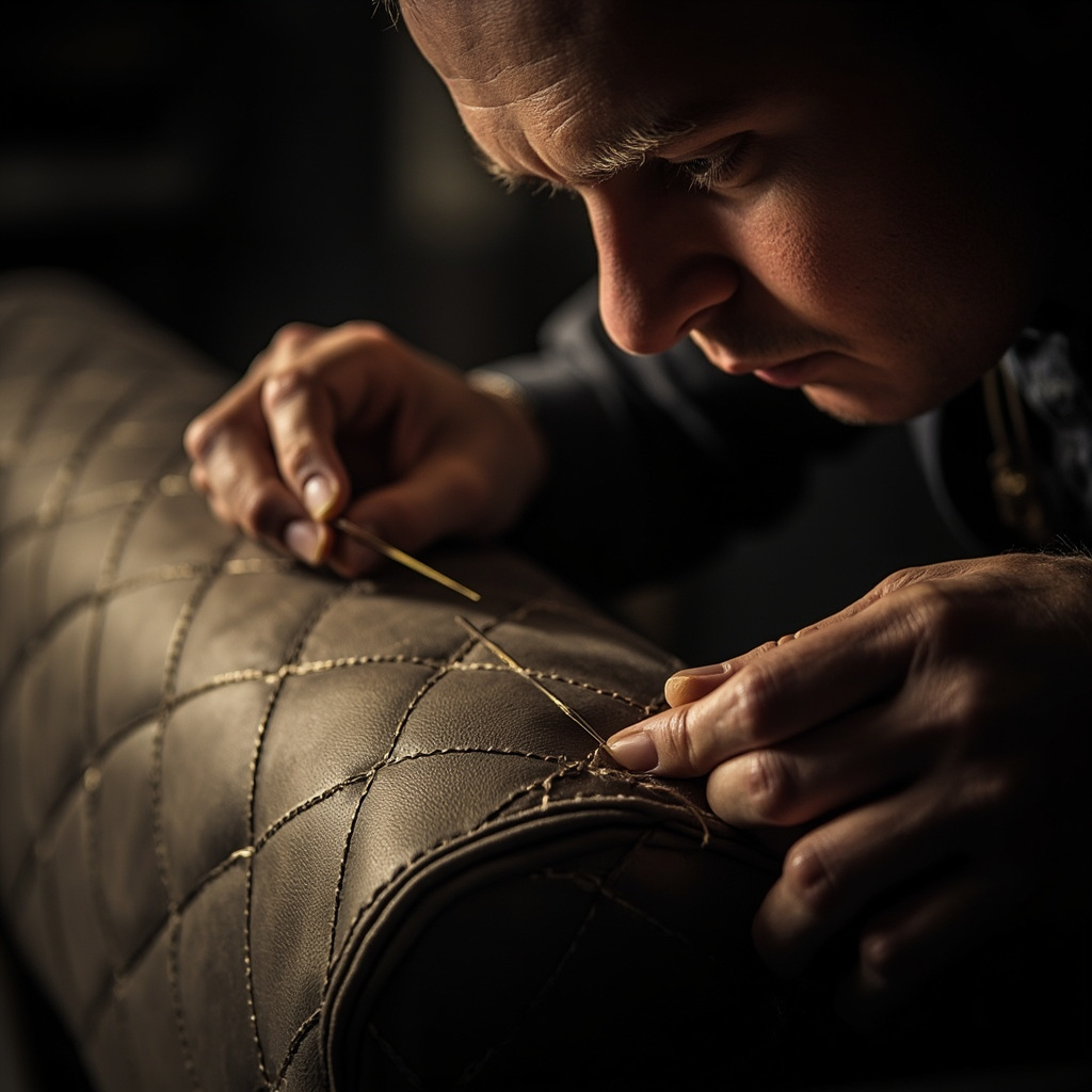 Hand-stitching full-grain leather in the Rosy Rose upholstery atelier
