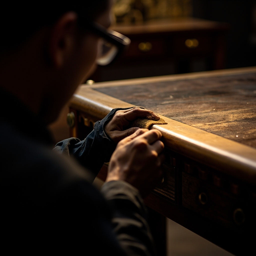 A master craftsman hand-finishing walnut in the Rosy Rose atelier